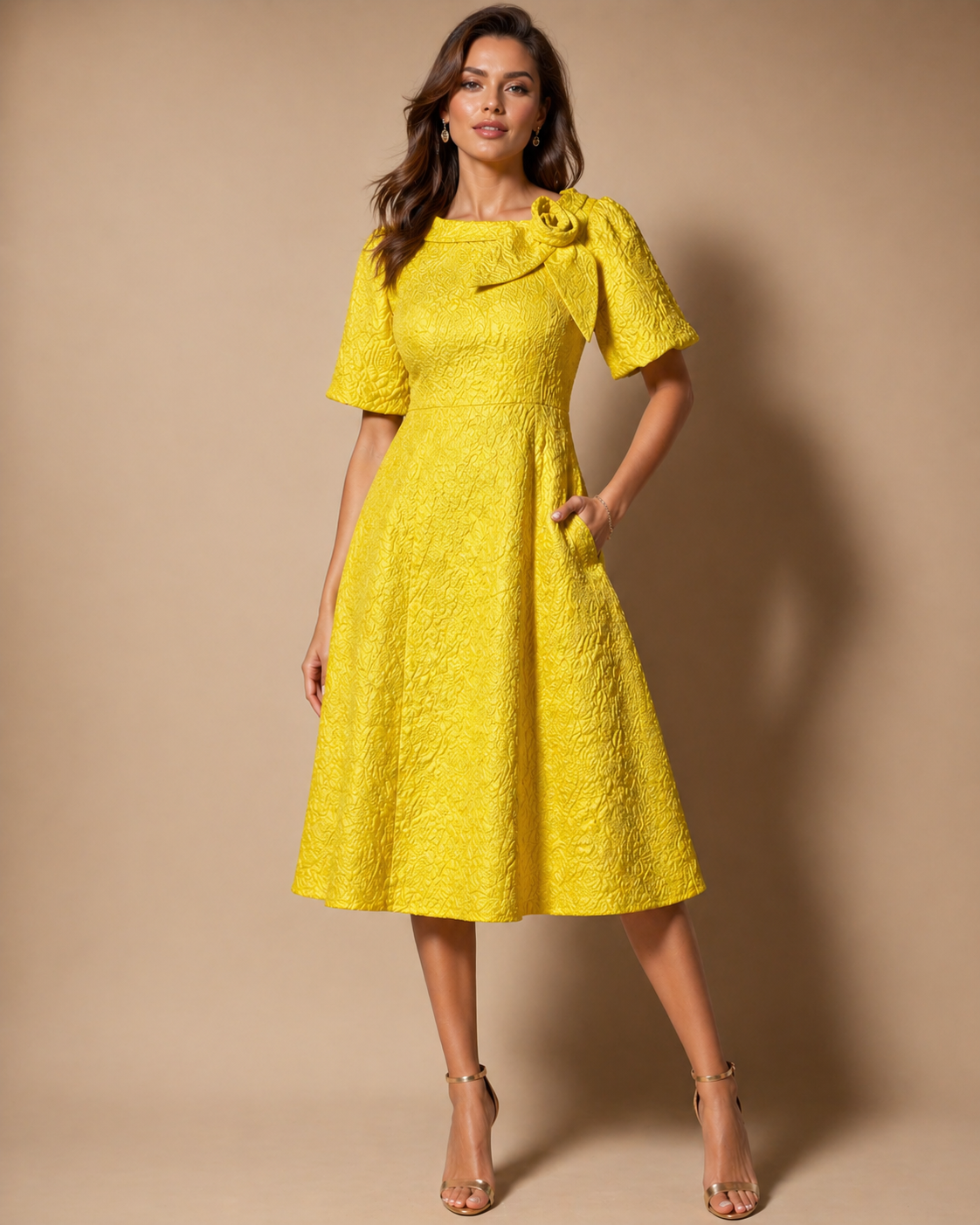 Golden Grace Bow-Detail Midi Dress