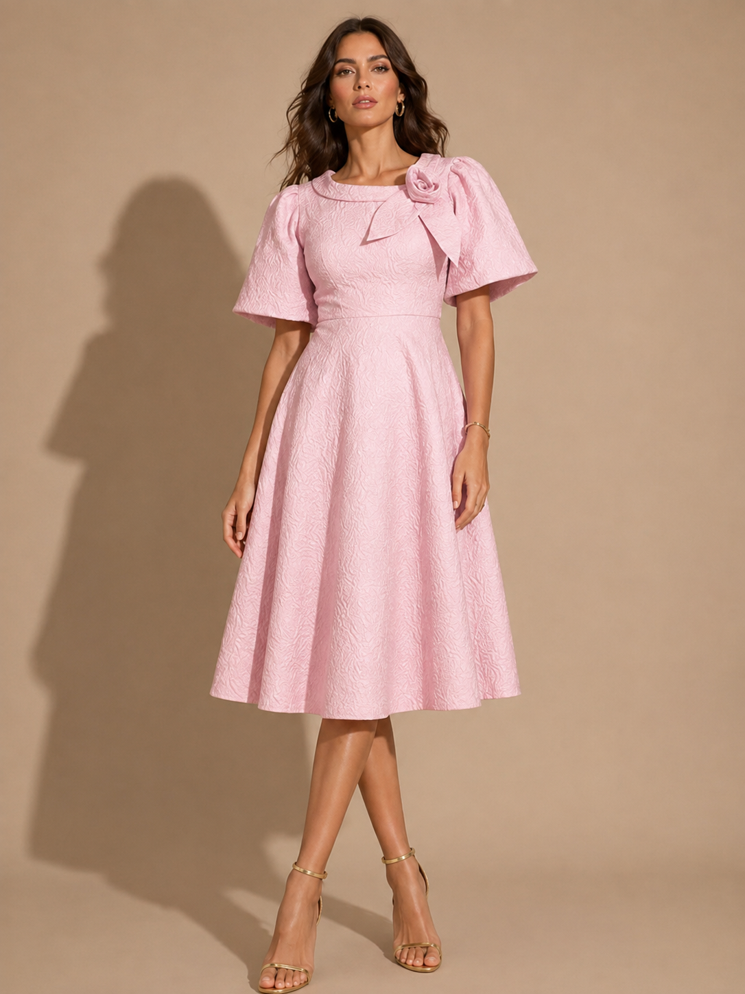 Golden Grace Bow-Detail Midi Dress