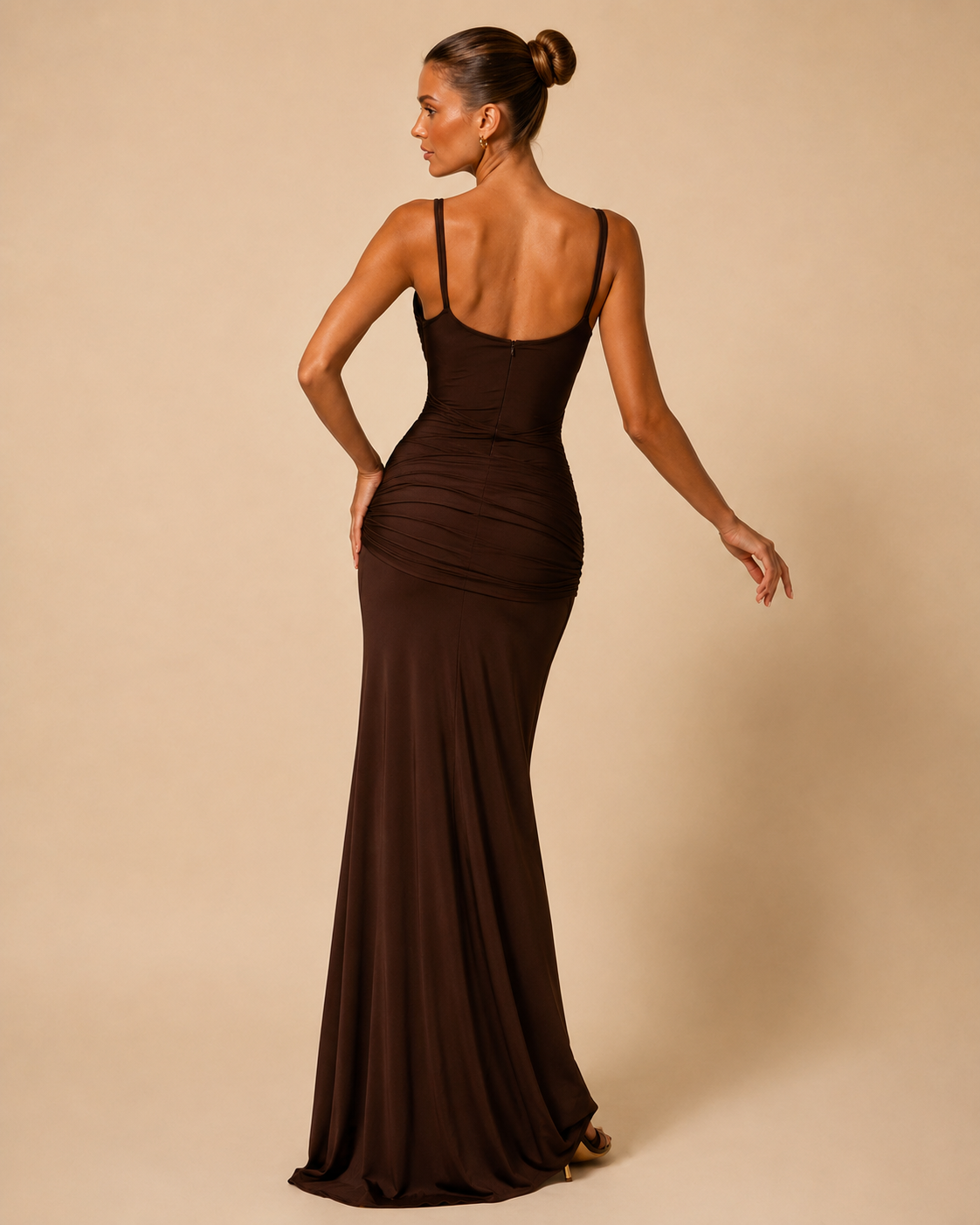 Chocolate Ruched Cutout Gown