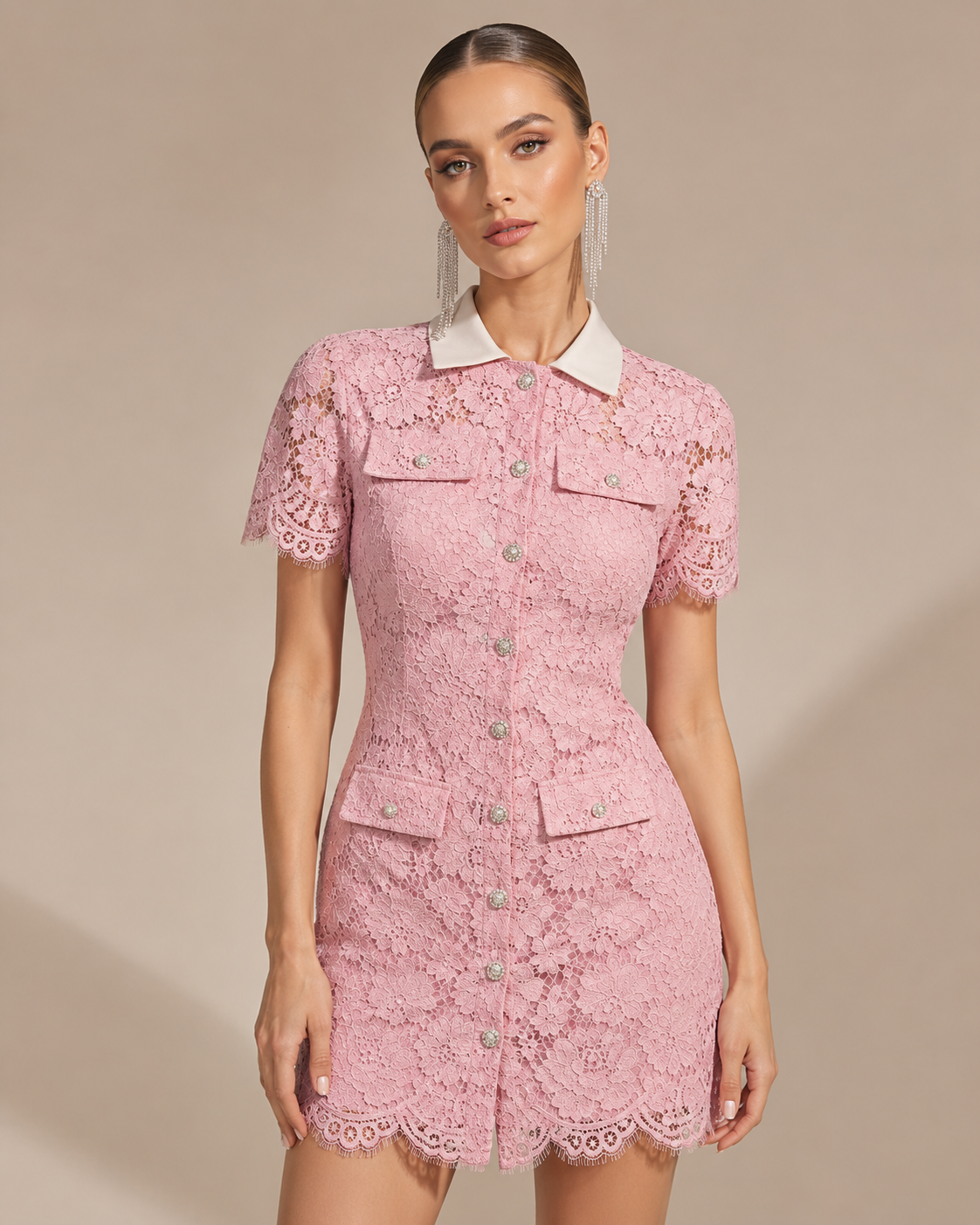 Pink Floral Lace Mini Shirt Dress