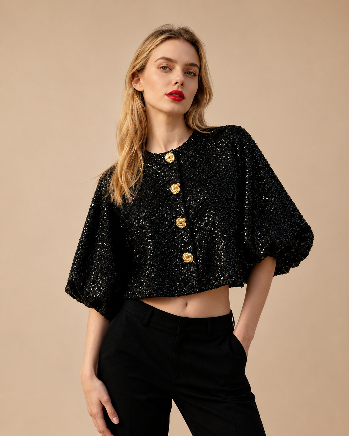 Black sequin cropped top with gold front buttons and voluminous short sleeves