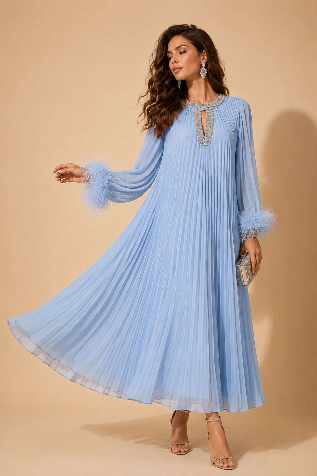 Light blue pleated maxi dress with jeweled keyhole neckline and feather-trim sleeves