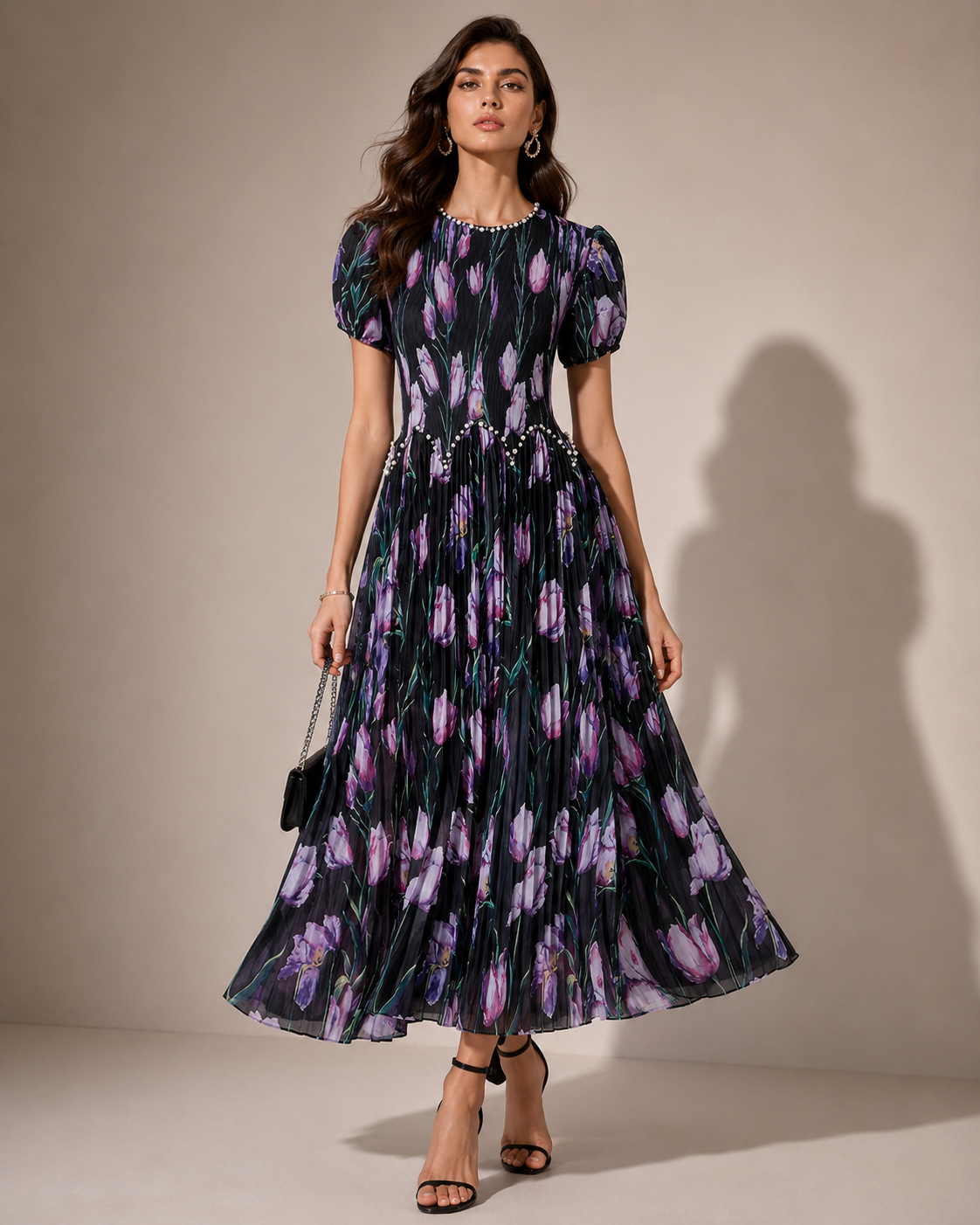 Purple midi dress with black and green tie-dye print, puff sleeves and beaded waist