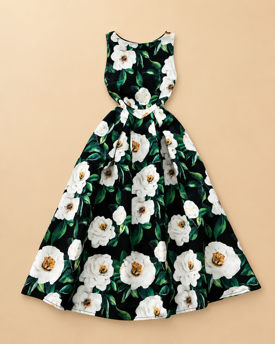 Floral sleeveless midi dress flat lay, dark green with white and green leaf print