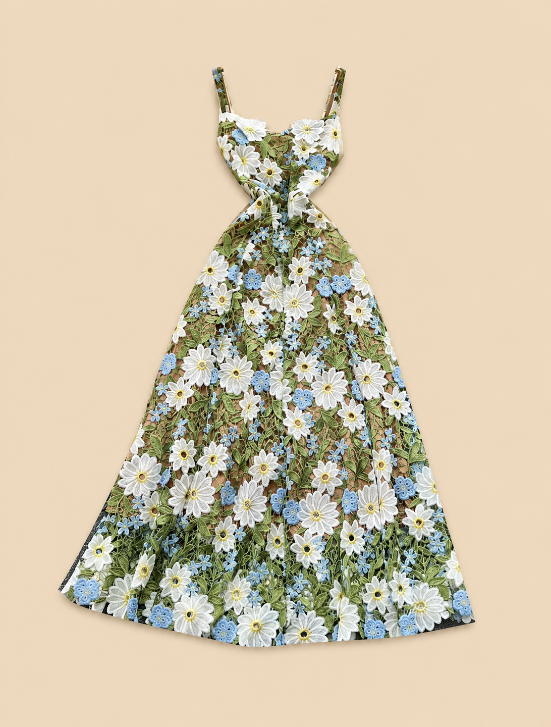 Floral midi dress on hanger, sleeveless, light blue and green with white daisy pattern