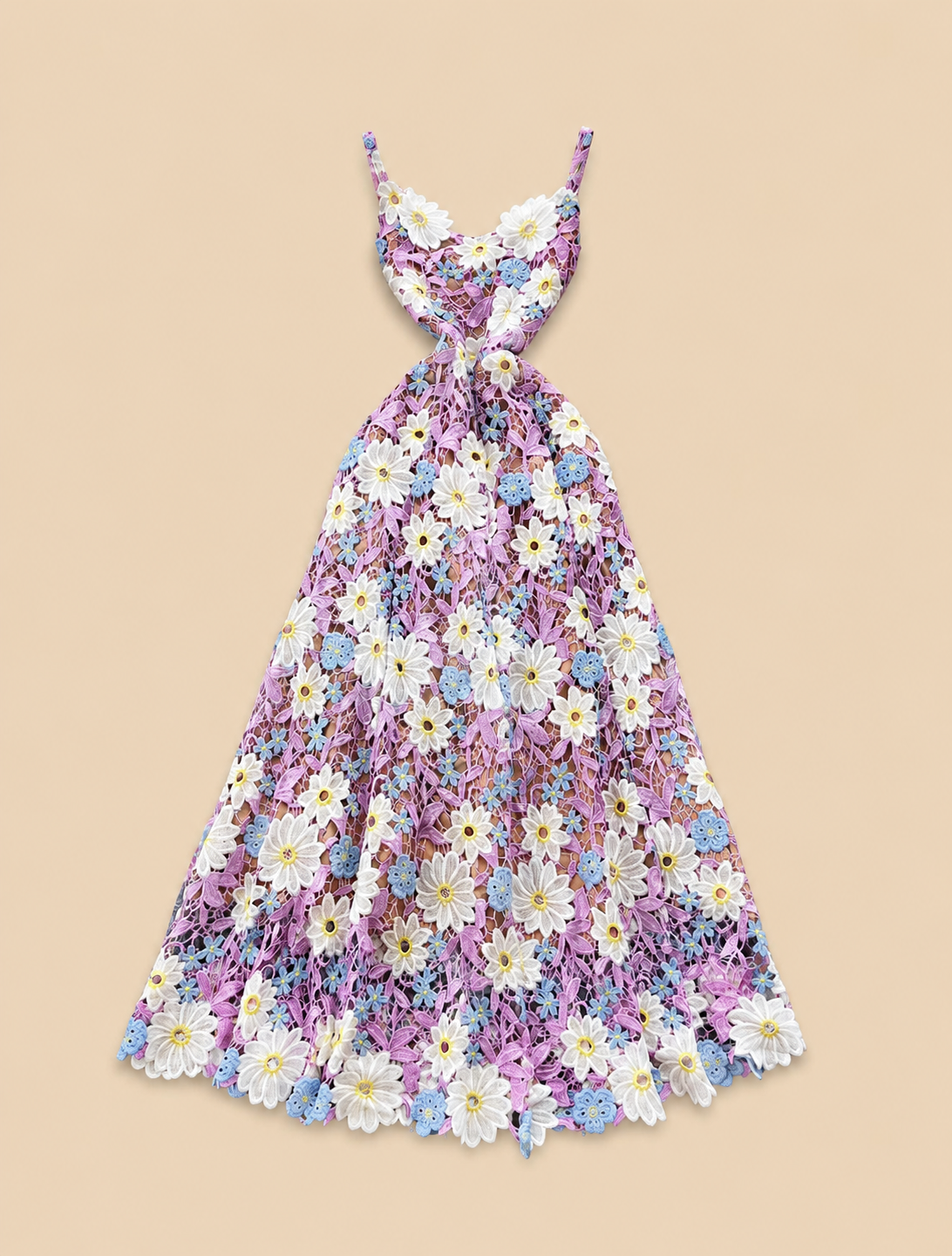 Floral midi dress on hanger, sleeveless, lilac and pink with white daisy pattern