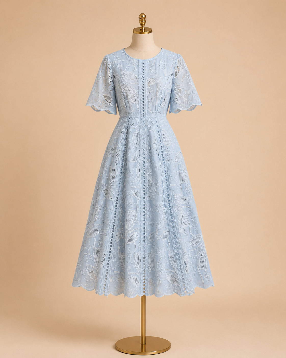 Light blue lace midi dress with short sleeves, fitted waist, full skirt on mannequin
