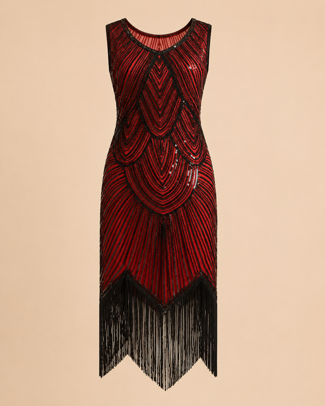 Red sleeveless sequin cocktail dress with round neckline and fringe panel hem