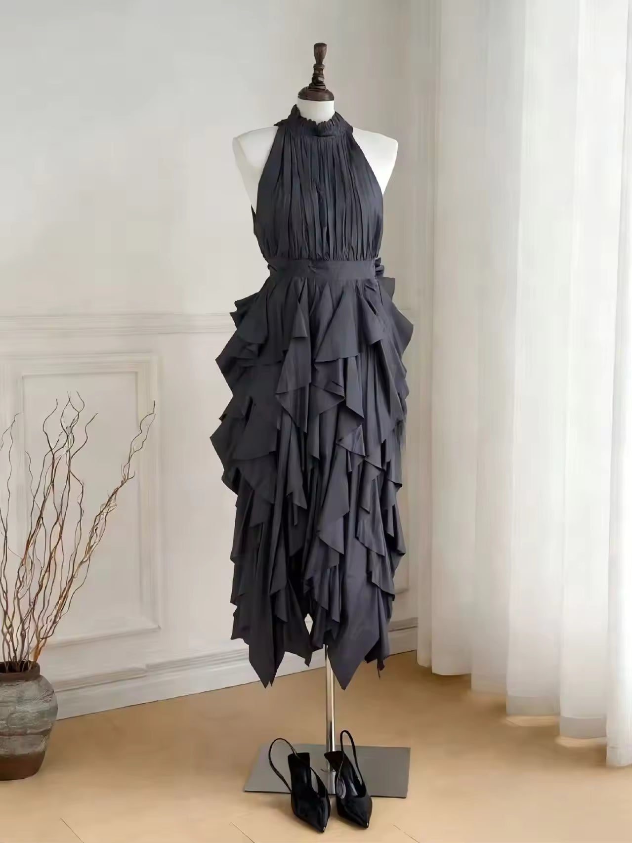 Black halter ruffle midi dress with layered tier skirt and high gathered neck