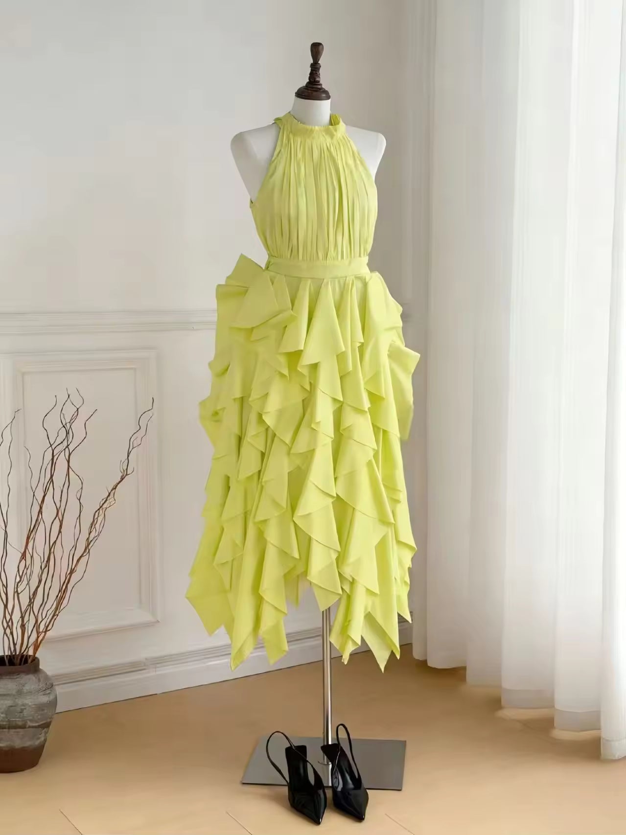Lime yellow halter ruffle midi dress with layered tier skirt and gathered neck
