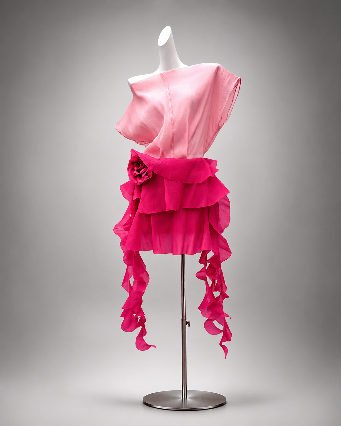 Pink satin mini dress on mannequin with flower applique and layered ruffle hem