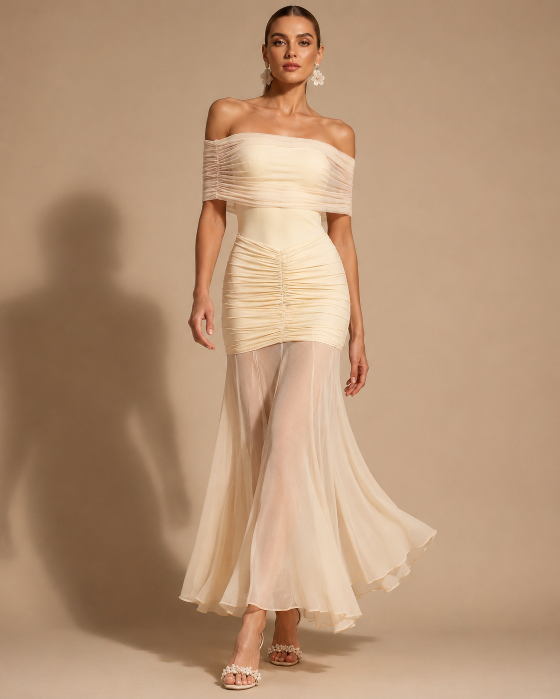 Champagne Ruched Off-Shoulder Maxi Dress