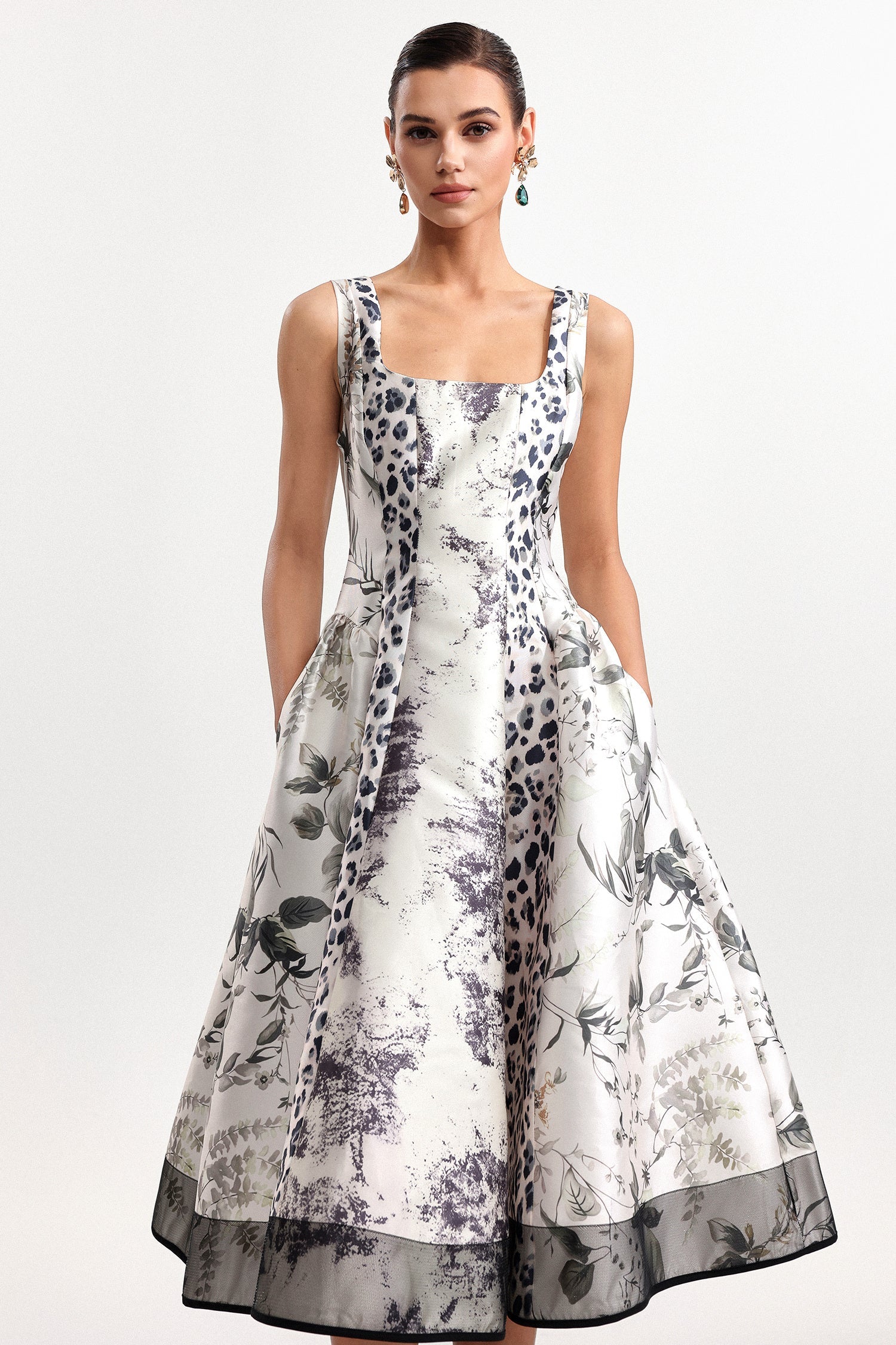 Sophisticated Mixed-Print Midi Dress