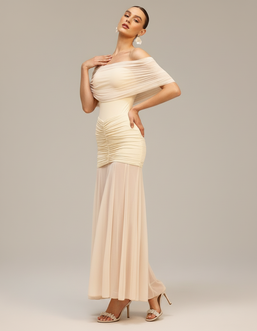 Champagne Ruched Off-Shoulder Maxi Dress