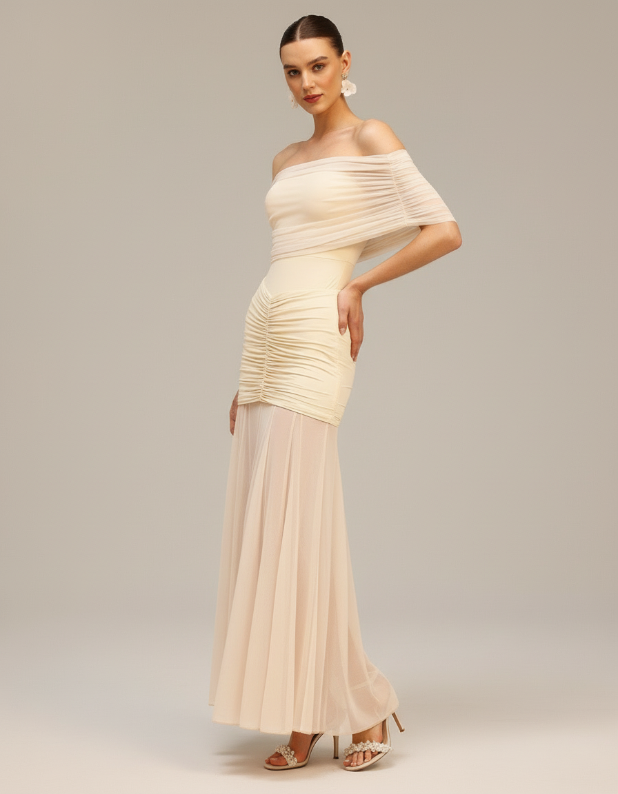 Champagne Ruched Off-Shoulder Maxi Dress