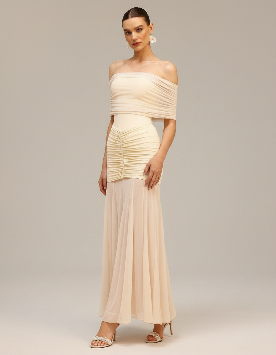 Champagne Ruched Off-Shoulder Maxi Dress