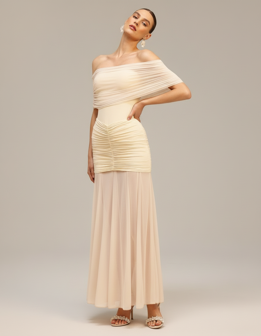 Champagne Ruched Off-Shoulder Maxi Dress