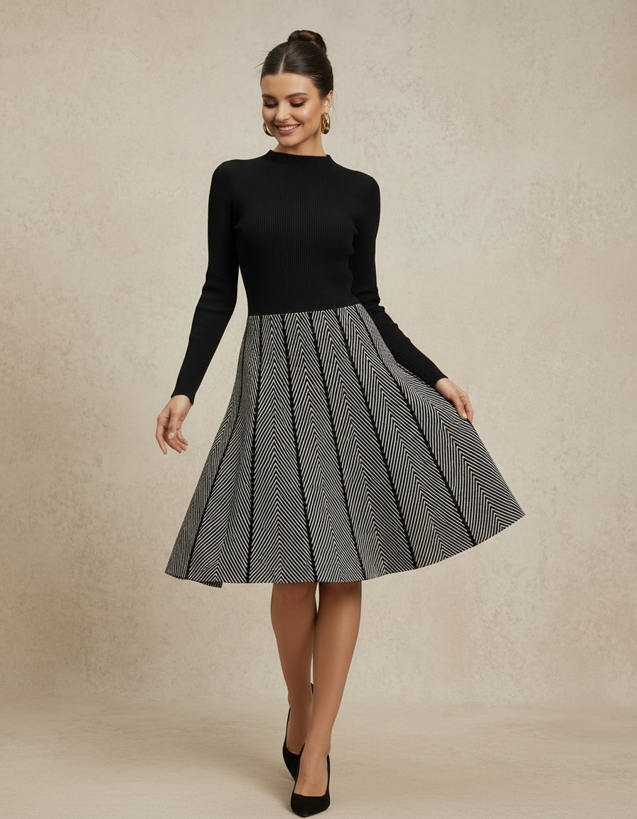 Black Knit Stripe Midi Dress