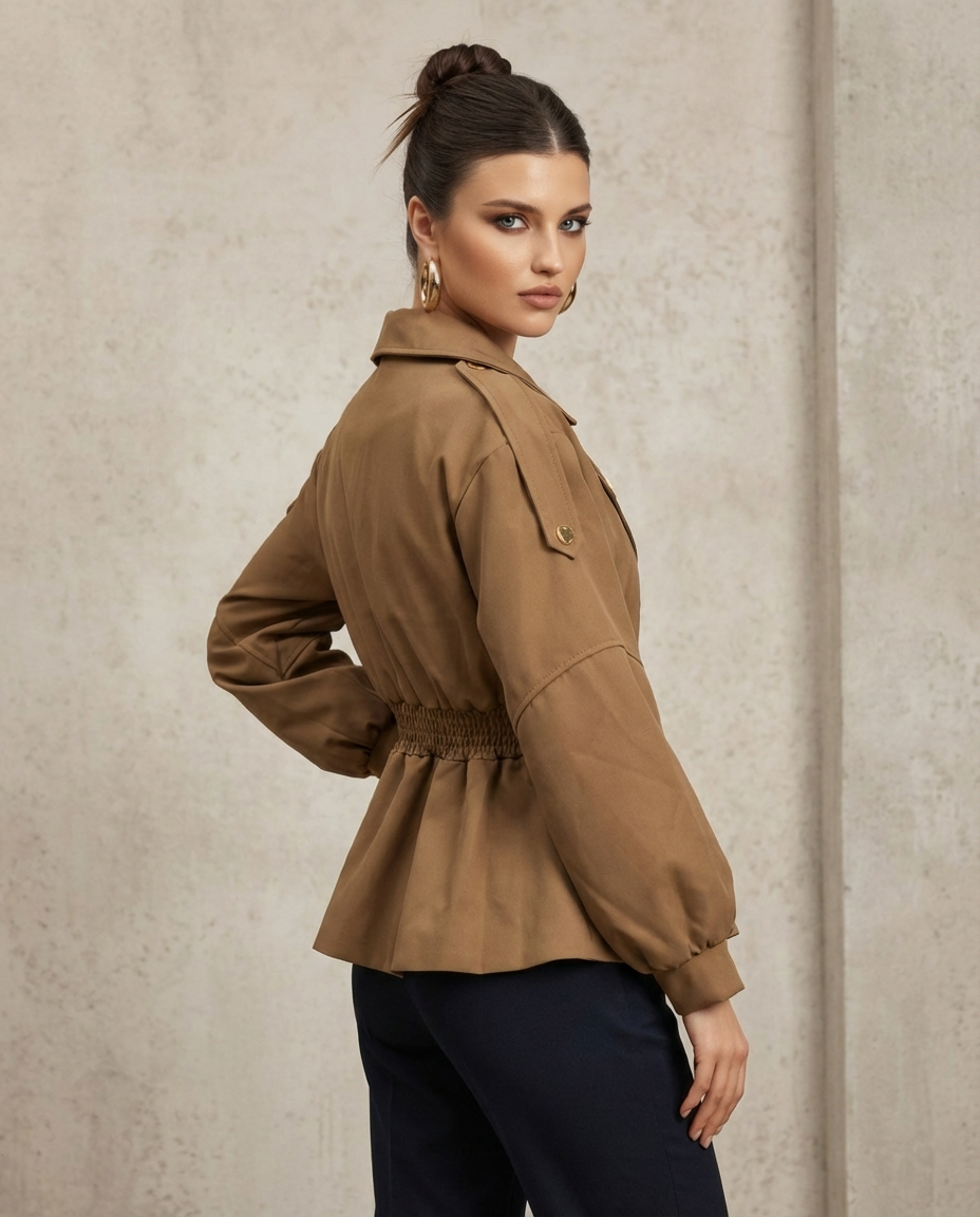Military-Style Peplum Jacket with Elastic Belt