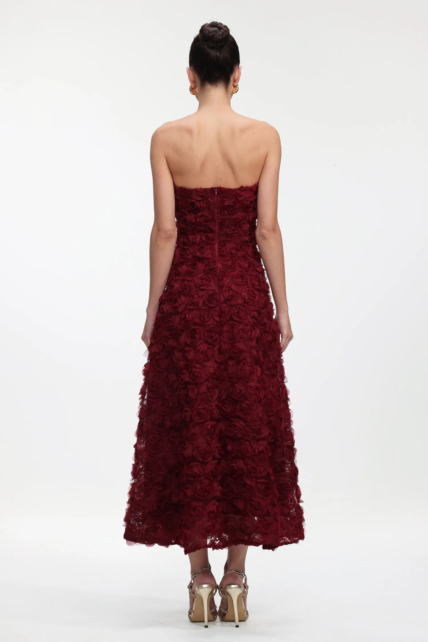 Deep Wine Blossom Strapless Gown